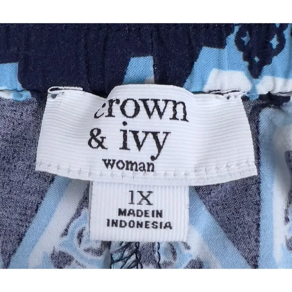 Crown & Ivy Size 1X Wide Leg Elastic Pull-On Palazzo Pants Blue Yellow Pockets - Picture 3 of 7